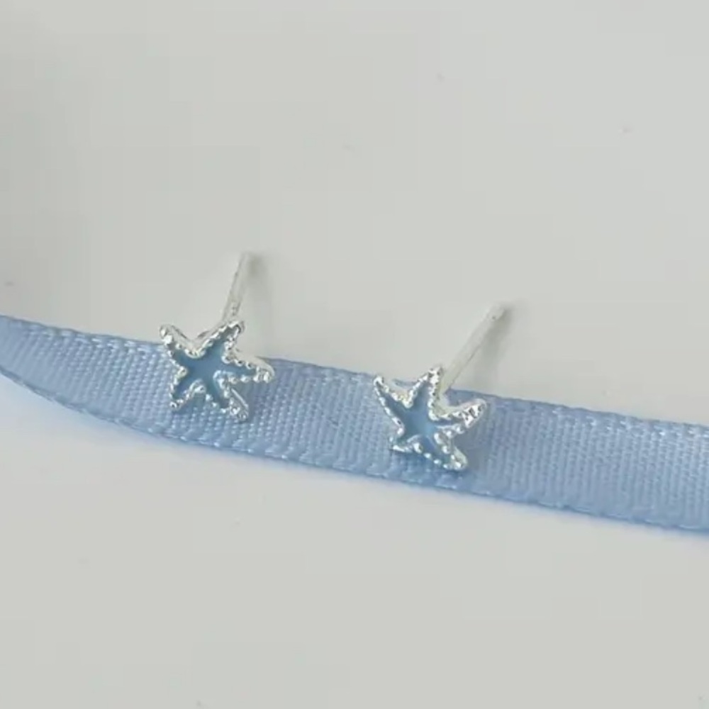 Dainty Blue and Silver Starfish Stud Earrings